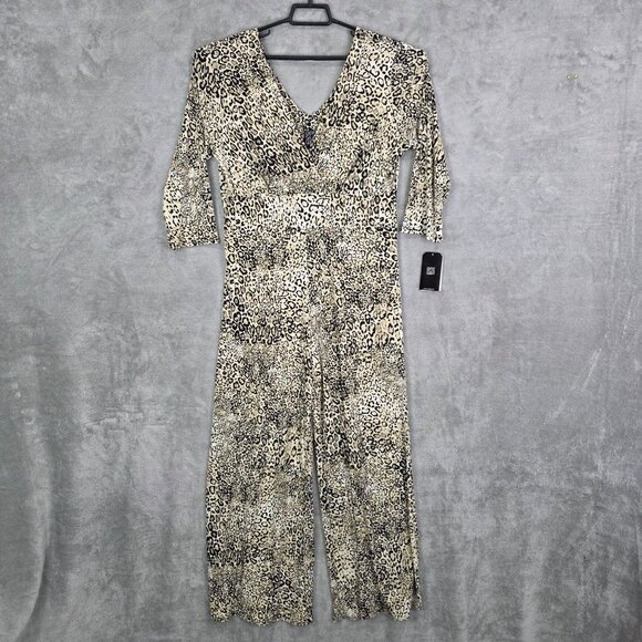 Womens Ciara Sun Woo Leopard Print Jumpsuit V Neck 3/4 Sleeves Polyester Size L - Picture 2 of 12